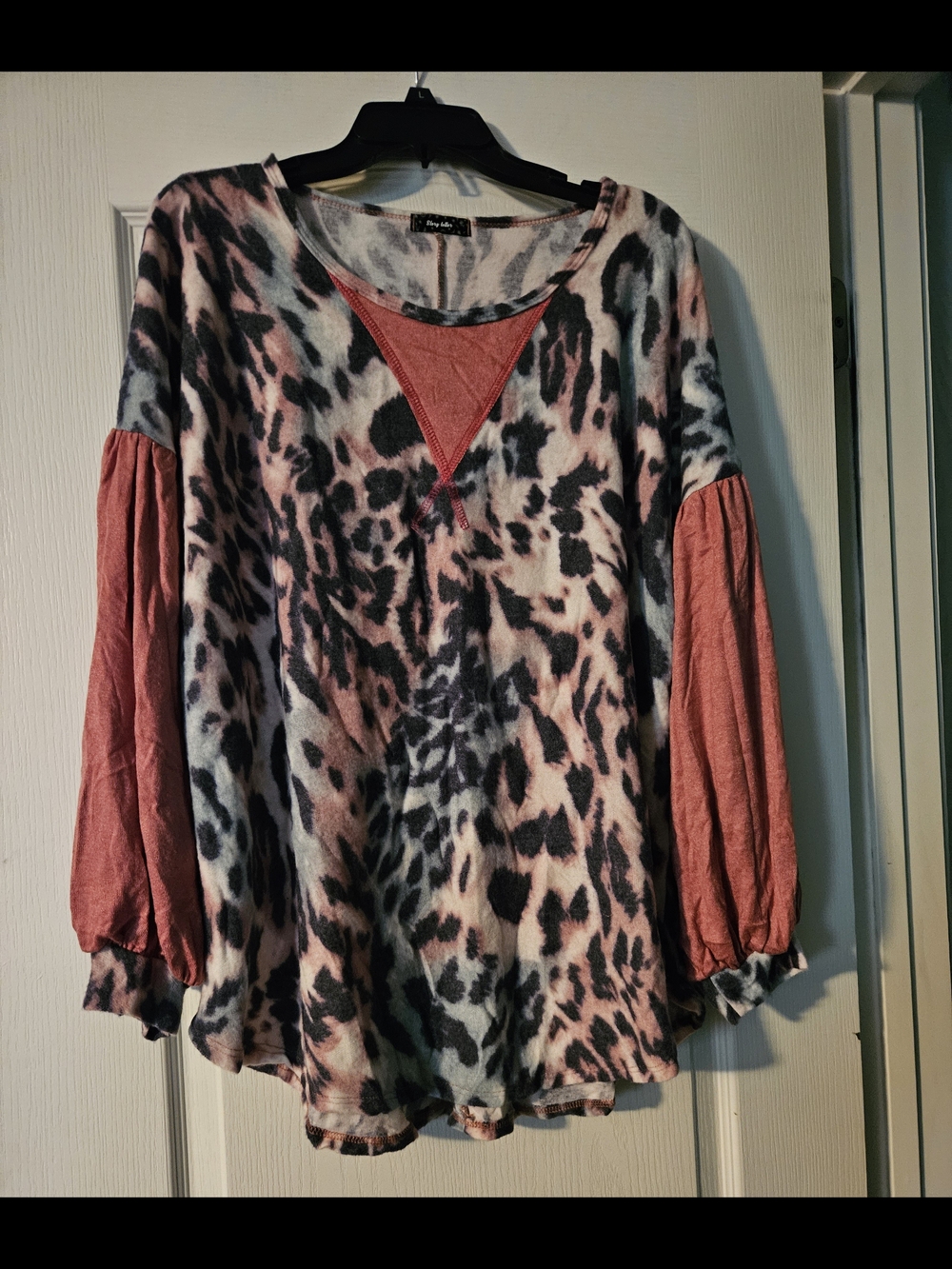 Women's Long Sleeve Leopard Print Top with Rust Sleeve Accents
